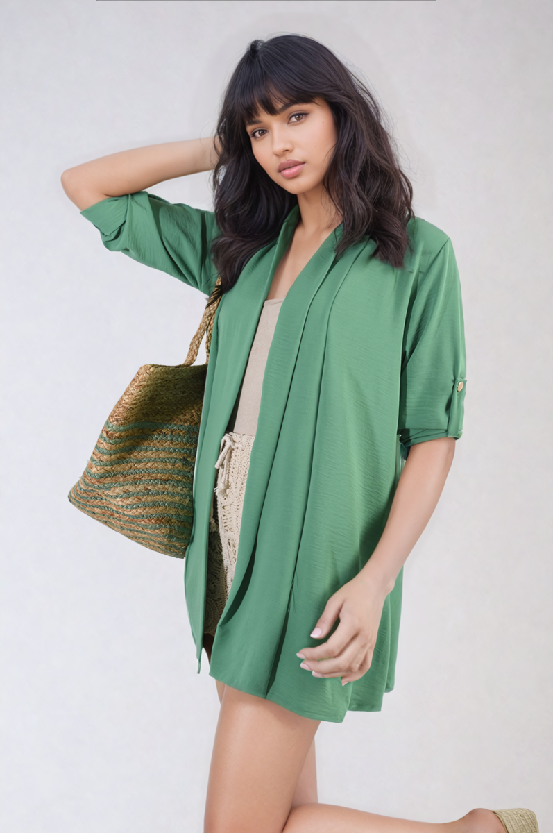 Open Front Roll Up Sleeve Cardigan - Black River UK