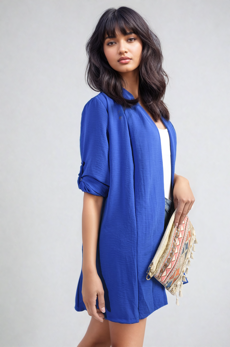 Open Front Roll Up Sleeve Cardigan - Black River UK