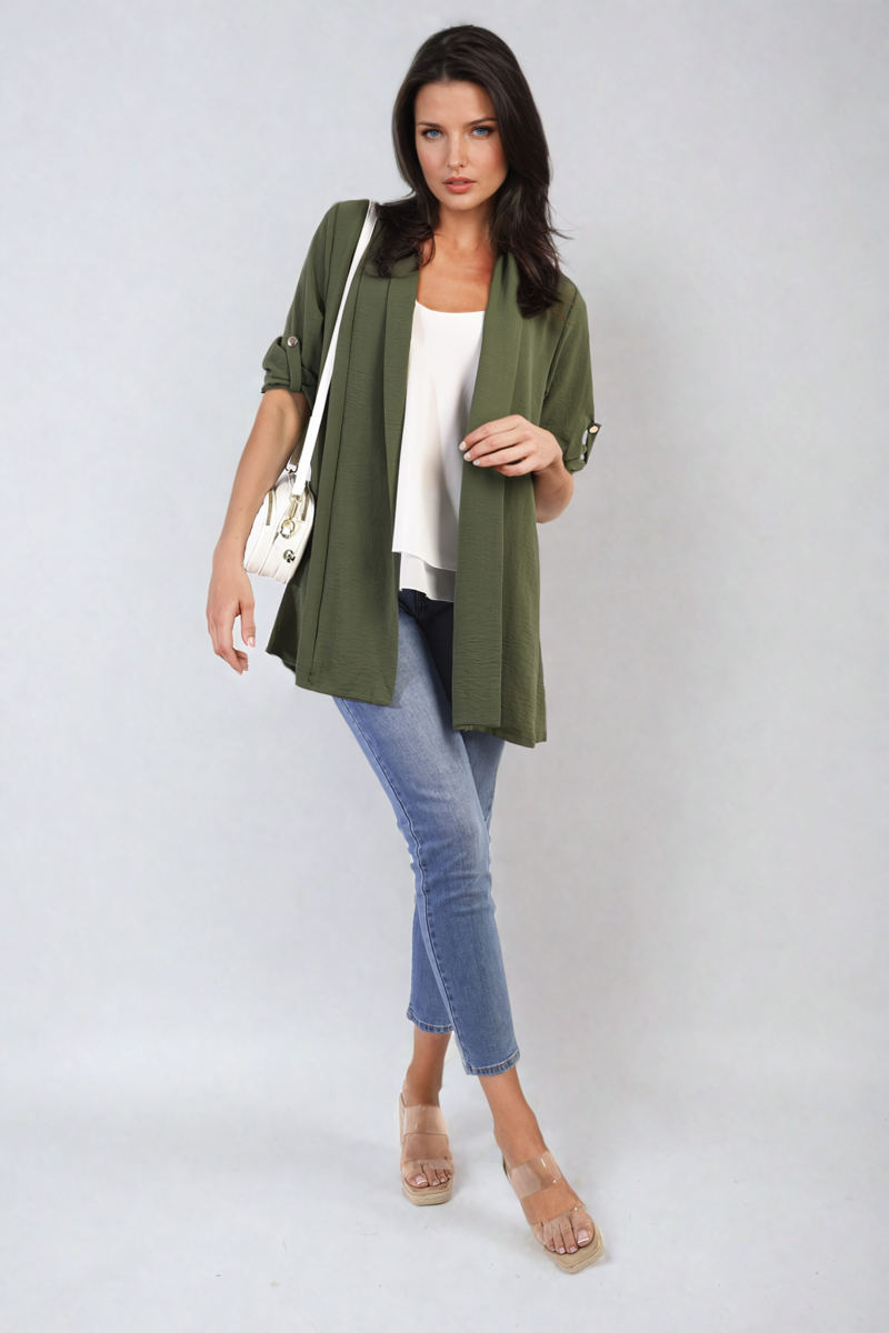 Open Front Roll Up Sleeve Cardigan - Black River UK
