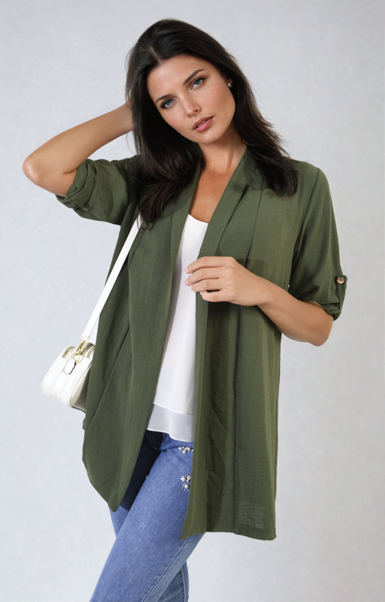 Open Front Roll Up Sleeve Cardigan - Black River UK