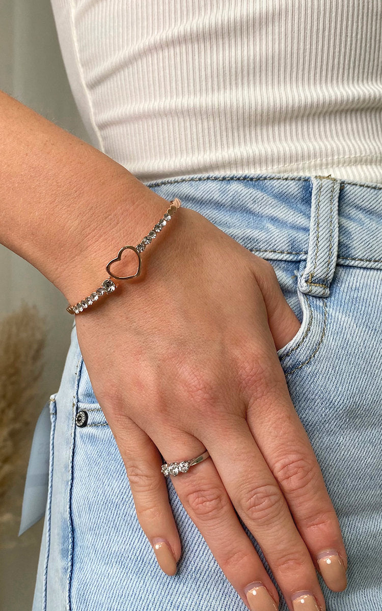 Diamante Bangle with Love Heart Detail - Black River UK
