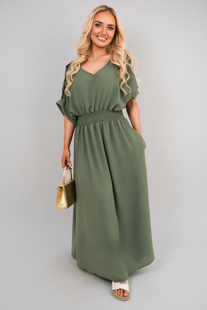 V Neck Short Sleeve Maxi Dress with Button Detail - Black River UK