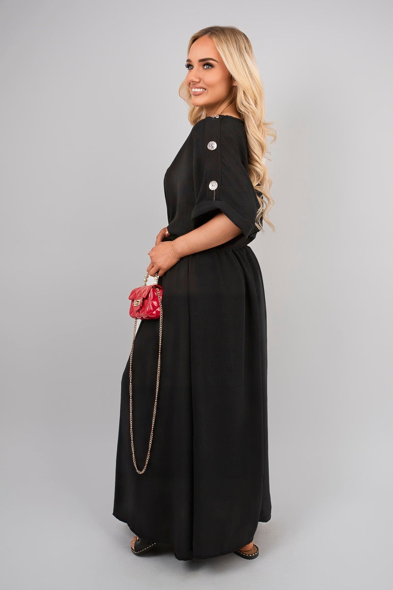 V Neck Short Sleeve Maxi Dress with Button Detail - Black River UK