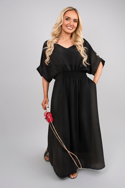 V Neck Short Sleeve Maxi Dress with Button Detail - Black River UK