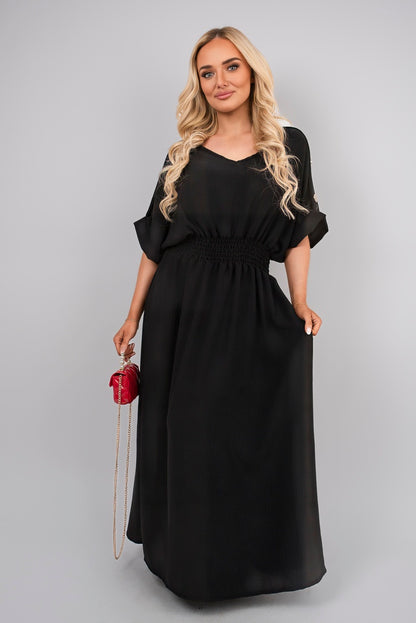 V Neck Short Sleeve Maxi Dress with Button Detail - Black River UK