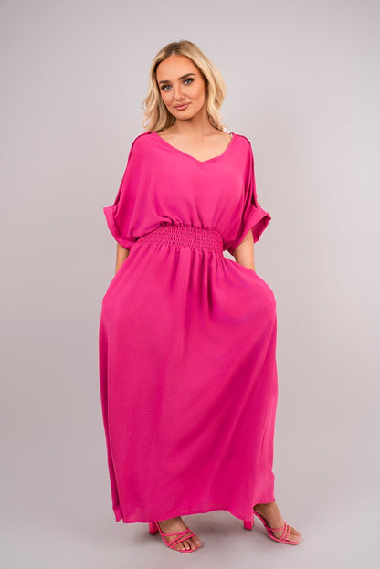 V Neck Short Sleeve Maxi Dress with Button Detail - Black River UK