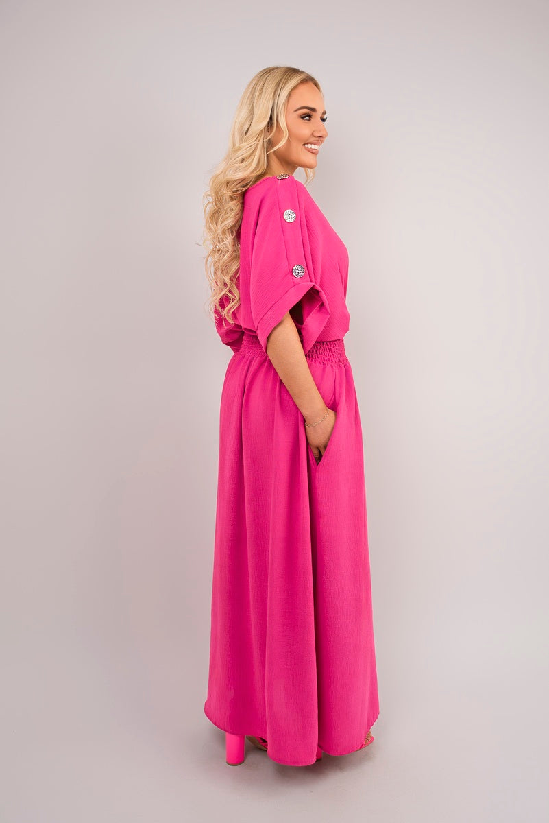 V Neck Short Sleeve Maxi Dress with Button Detail - Black River UK