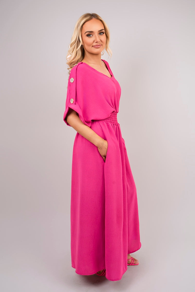 V Neck Short Sleeve Maxi Dress with Button Detail - Black River UK