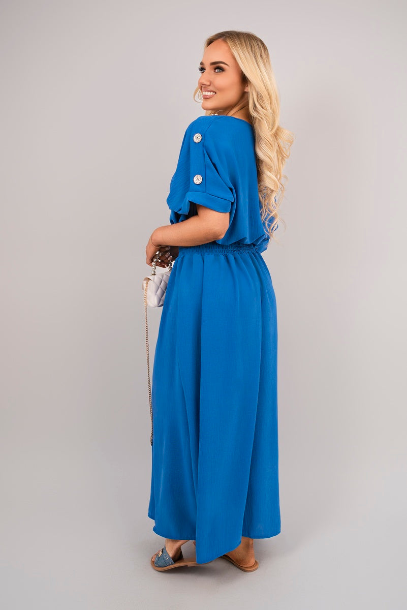 V Neck Short Sleeve Maxi Dress with Button Detail - Black River UK