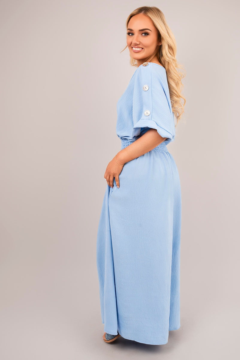 V Neck Short Sleeve Maxi Dress with Button Detail - Black River UK