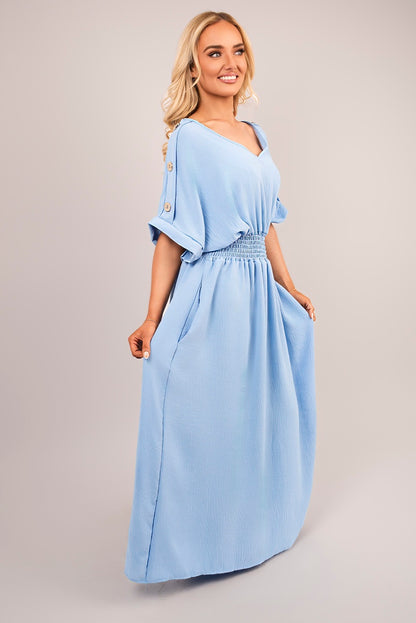 V Neck Short Sleeve Maxi Dress with Button Detail - Black River UK