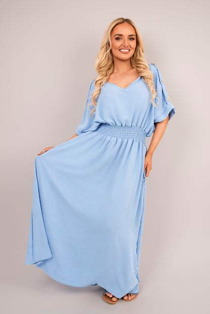 V Neck Short Sleeve Maxi Dress with Button Detail - Black River UK